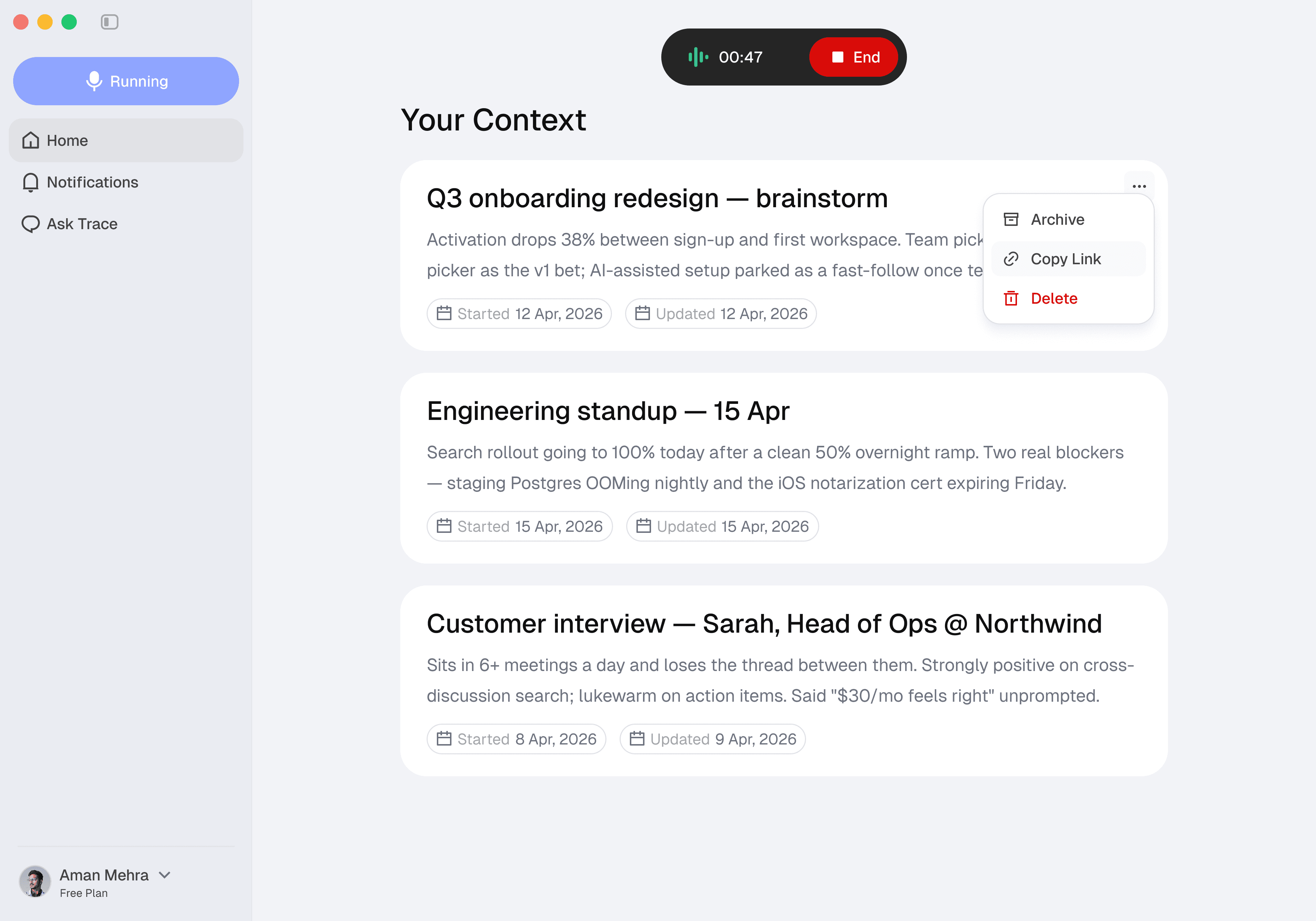 Trace desktop app showing the home page with three captured discussions