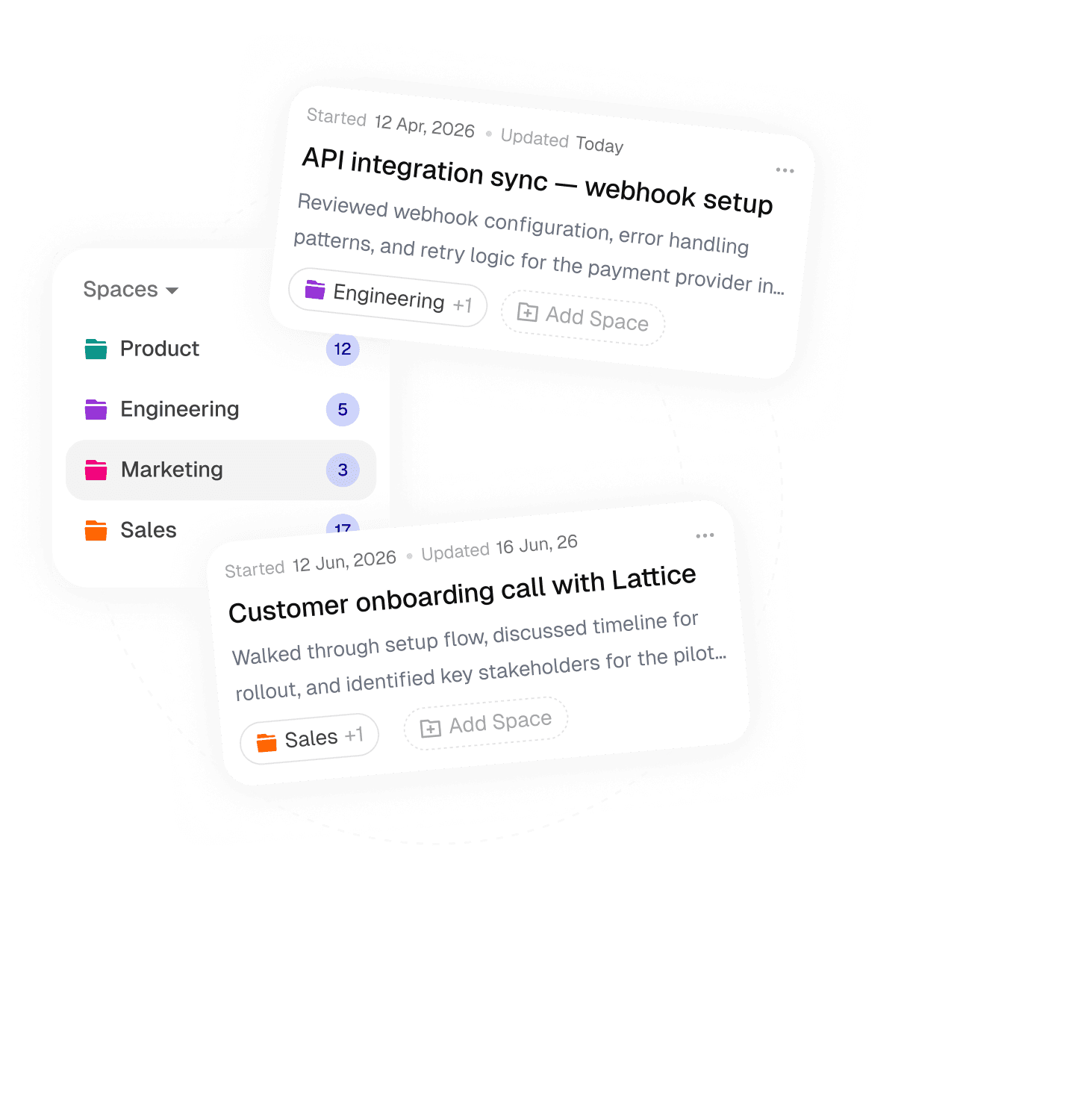 Conversations organized into color-coded Spaces, with discussion cards floating above the sidebar.