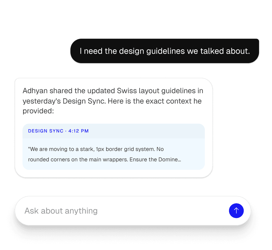 Asking Trace for design guidelines from a past Design Sync and getting an answer grounded in that conversation.
