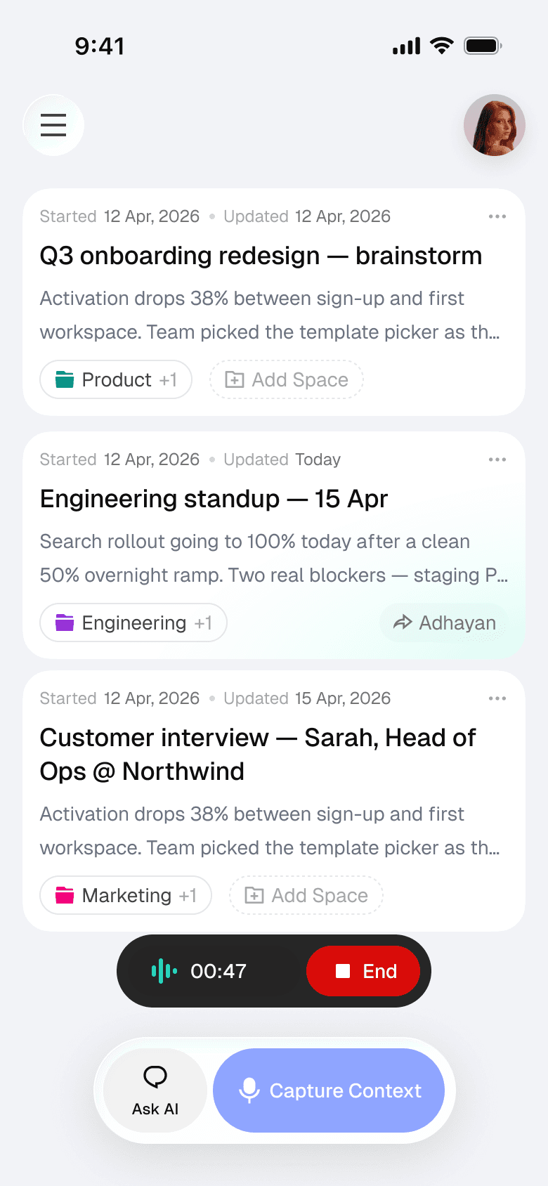 Trace mobile app showing your captured contexts