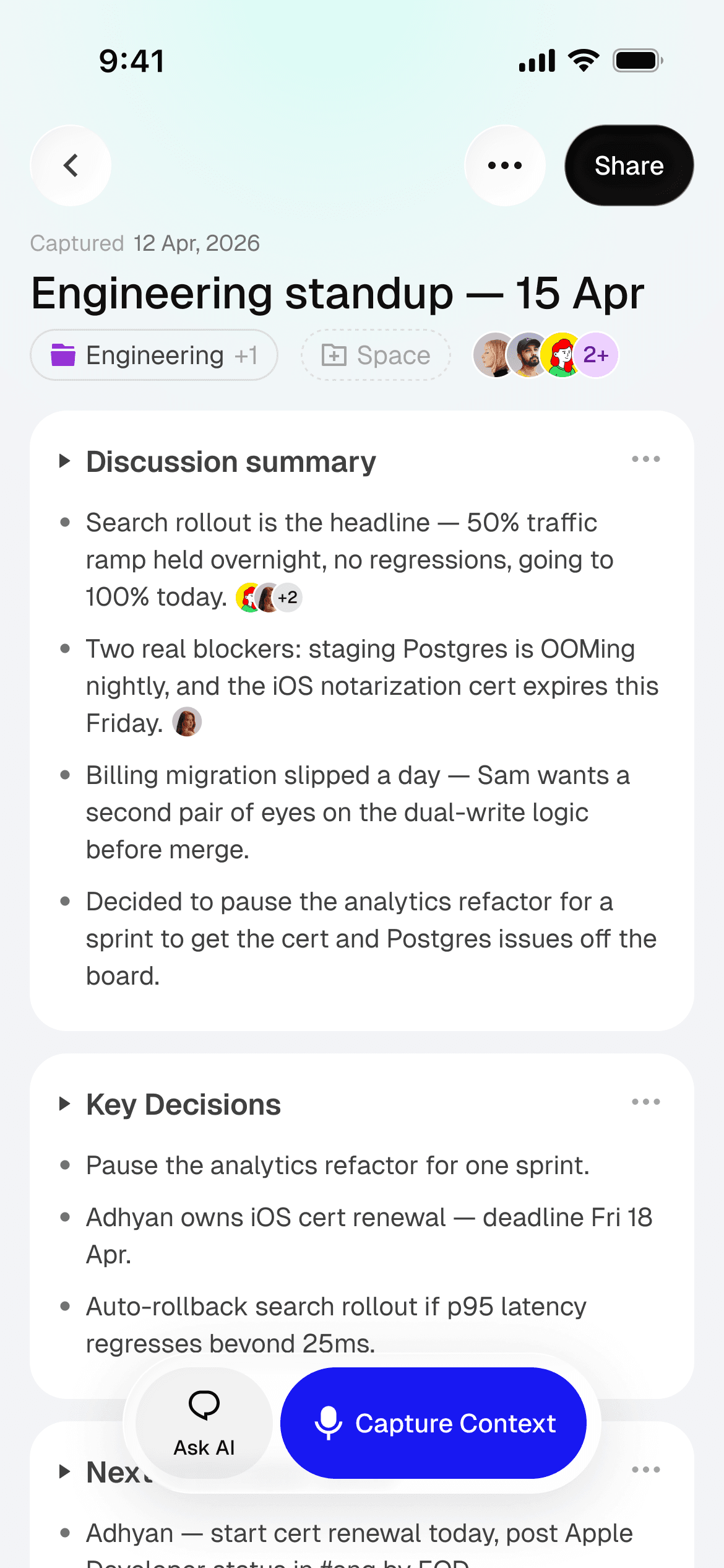 Trace mobile app showing a discussion summary with speaker attribution