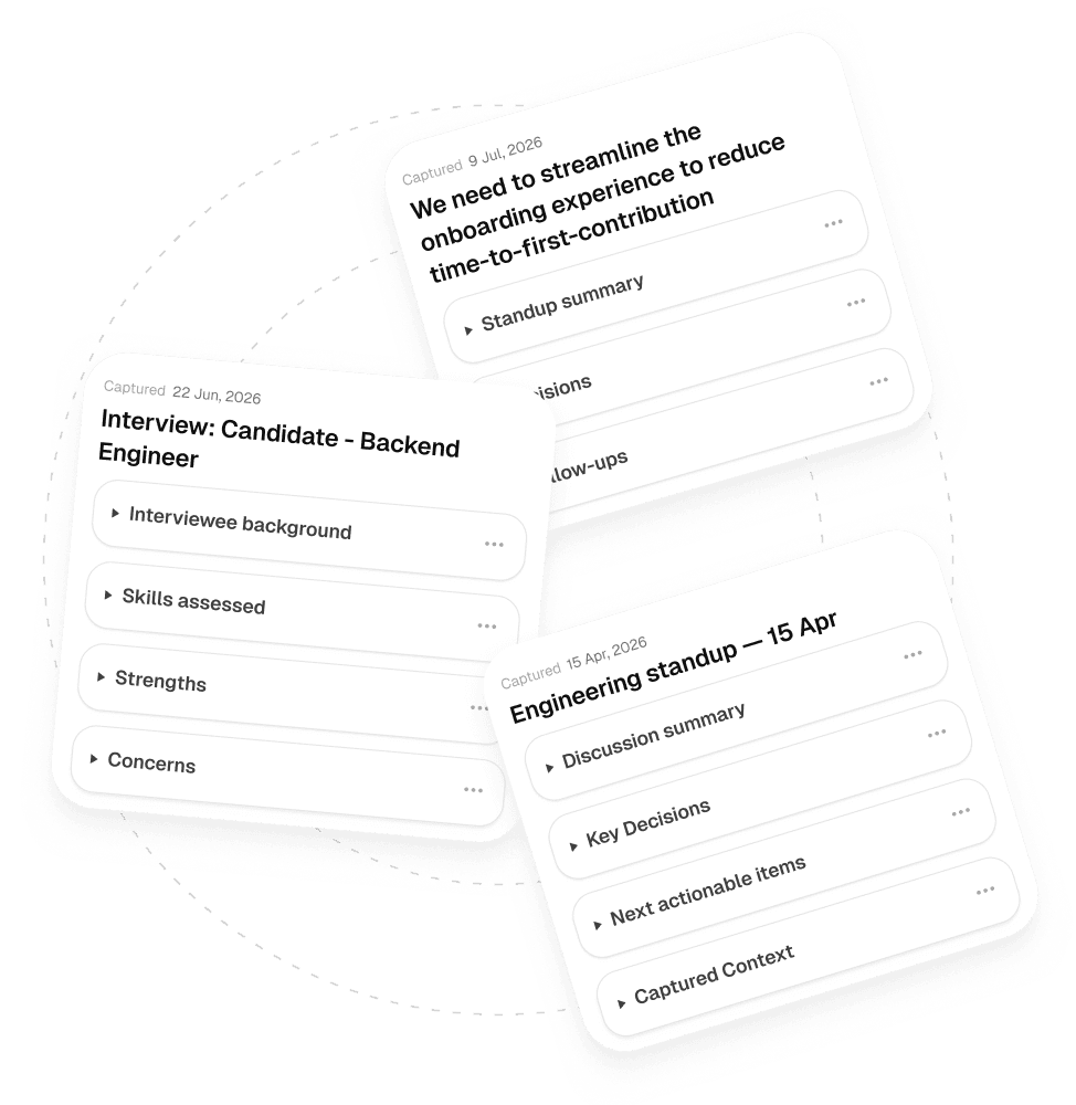 The same conversation recapped three ways: a standup summary, an interview breakdown, and a sales call.